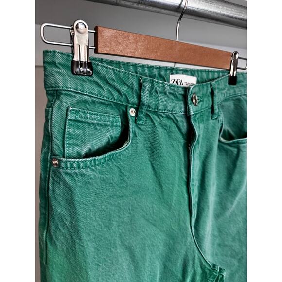 Zara High Rise Straight Leg Fray Hem Green Denim Pants Jeans Size 4 - Picture 7 of 11